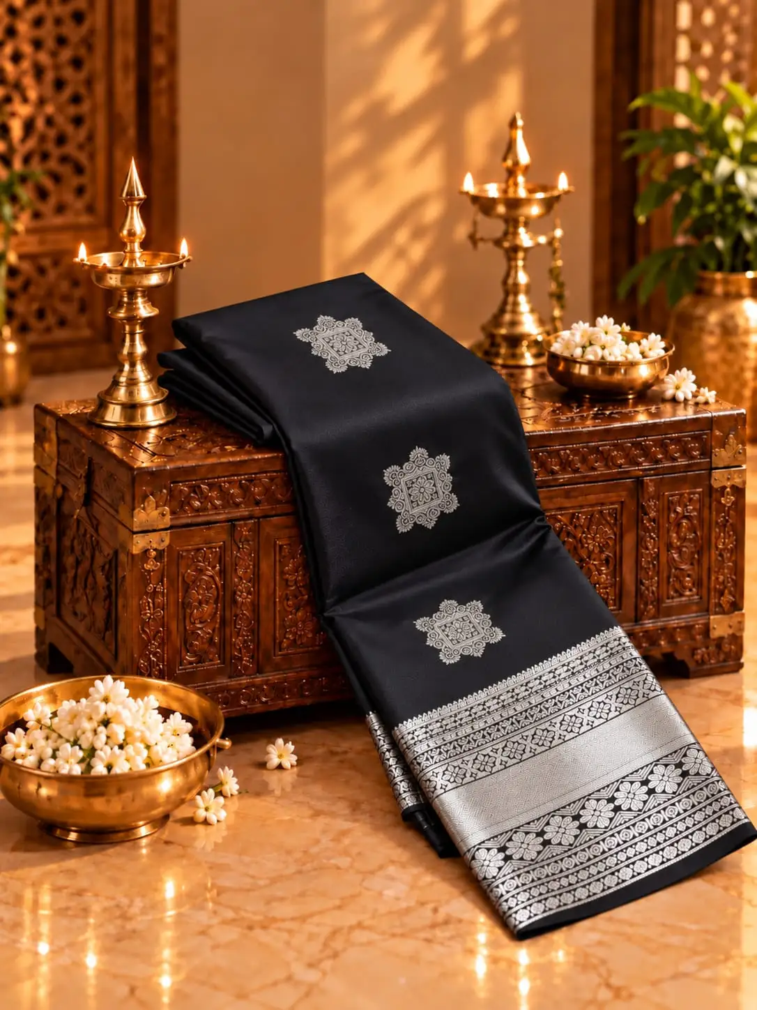 Floral Medallion Zari Border Soft Silk Saree